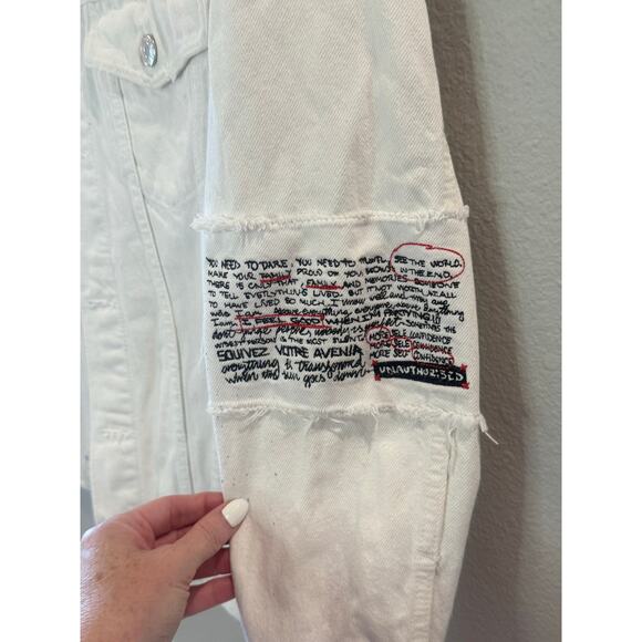 ZARA Man White Denim Jacket Sz S Barcode Abstract Art Print Graphic Streetwear - Picture 6 of 9